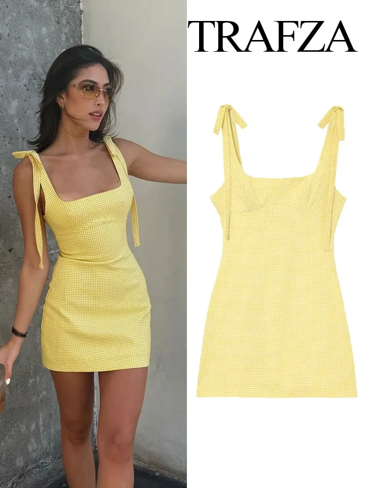 TRAFZA 2025-minifalda ajustada con cuello cuadrado para mujer, vestido Sexy de estilo playero con decoración de lazo a cuadros amarillo a la moda, verano 2025