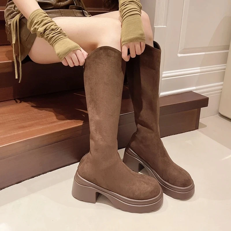 

New Women's Knee High Boots Fashion Suede Knight Boots High End Designer Platform Boots for Woman Retro Casual Shoes Botas Mujer