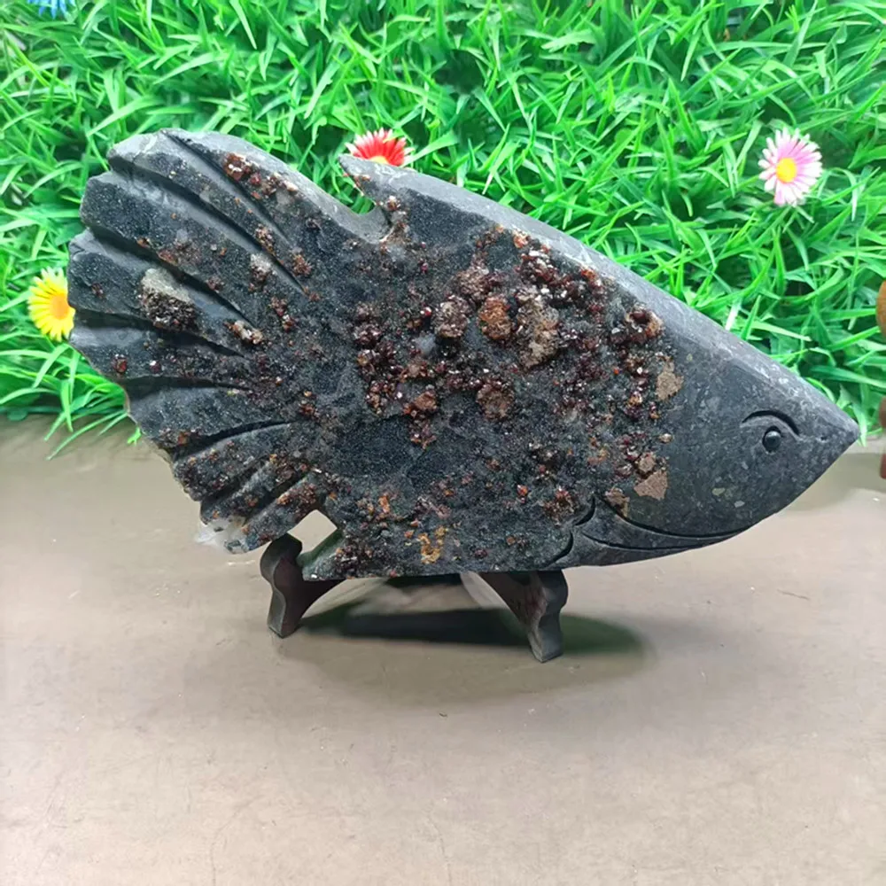Natural quartz crystal garnet mine specimen, hand-carved fish spirit energy healing chakra pendant
