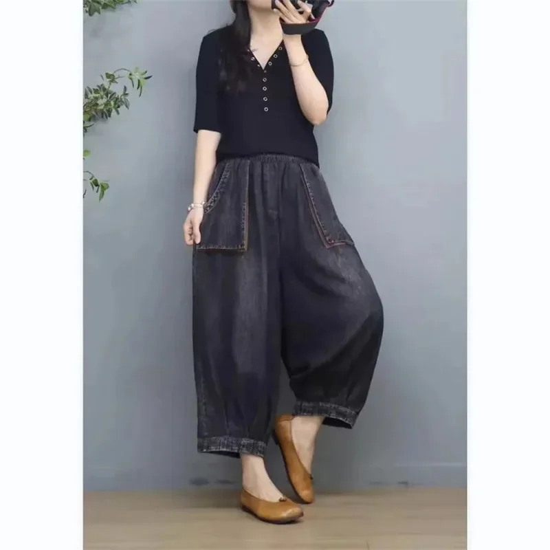 Pantalon lanterne en Denim avec poches fines pour femmes, rétro, décontracté, ample, taille élastique, jambes larges, tendance, JJ905, printemps/été