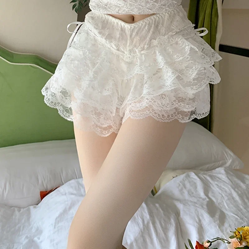 Women Lace Trim Layered Ruffle Bloomers Shorts Lolita Style Mid Waist Bow knot Decor Frilly Panties Solid Color Plaid Shorts