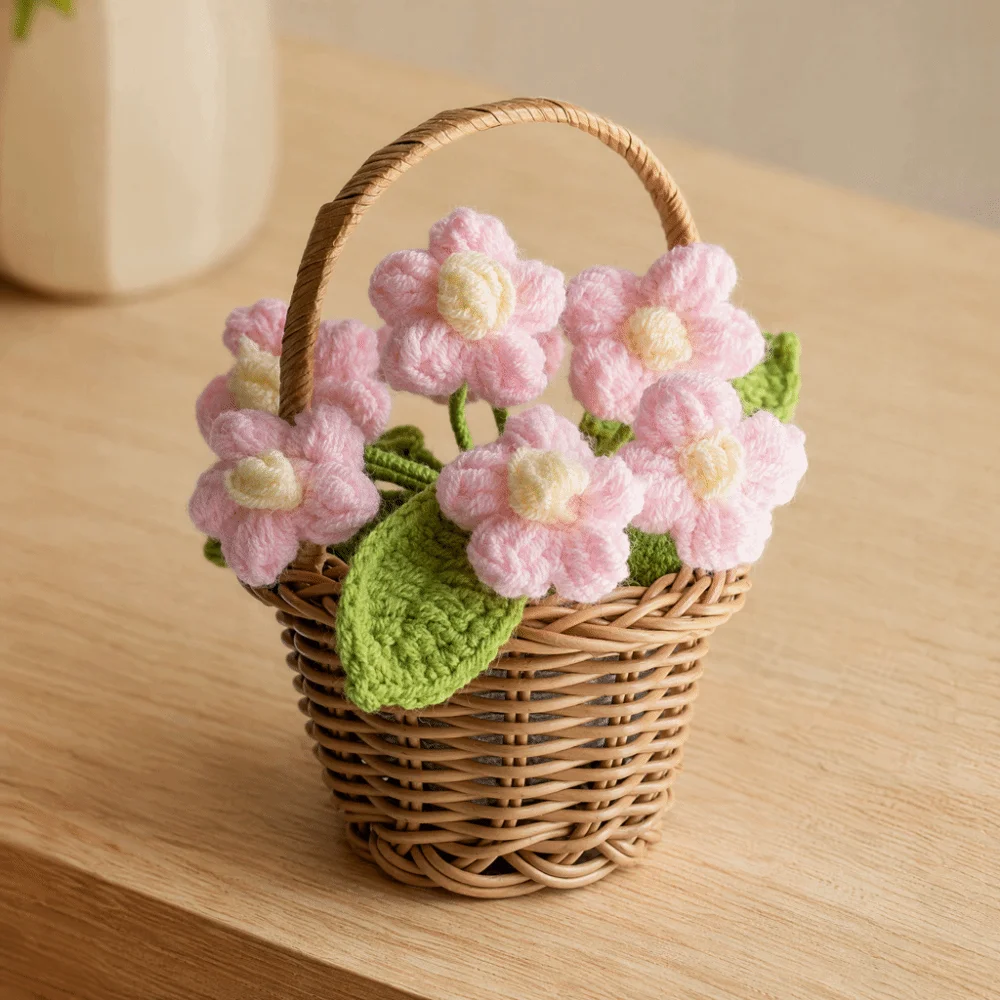 Wool Yarn Hand Crochet Puff Flower Potted Ornament 3.54x5.51in Flower Potted Mini Yarn Knitted Artificial Flower Pot