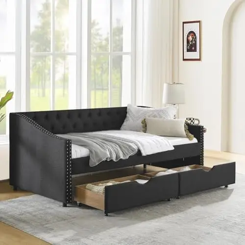Daybed with Drawers, Modern Linen Upholstered Twin Size Day Bed Button-Tufted Sofa Daybed Frame with Double Drawers, No