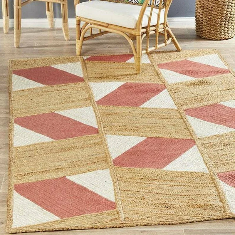 

Carpets for Living Room Home Area Rug Woven Pure Natural Jute Decorative Rug White Orange Pattern Handmade Patio Rug