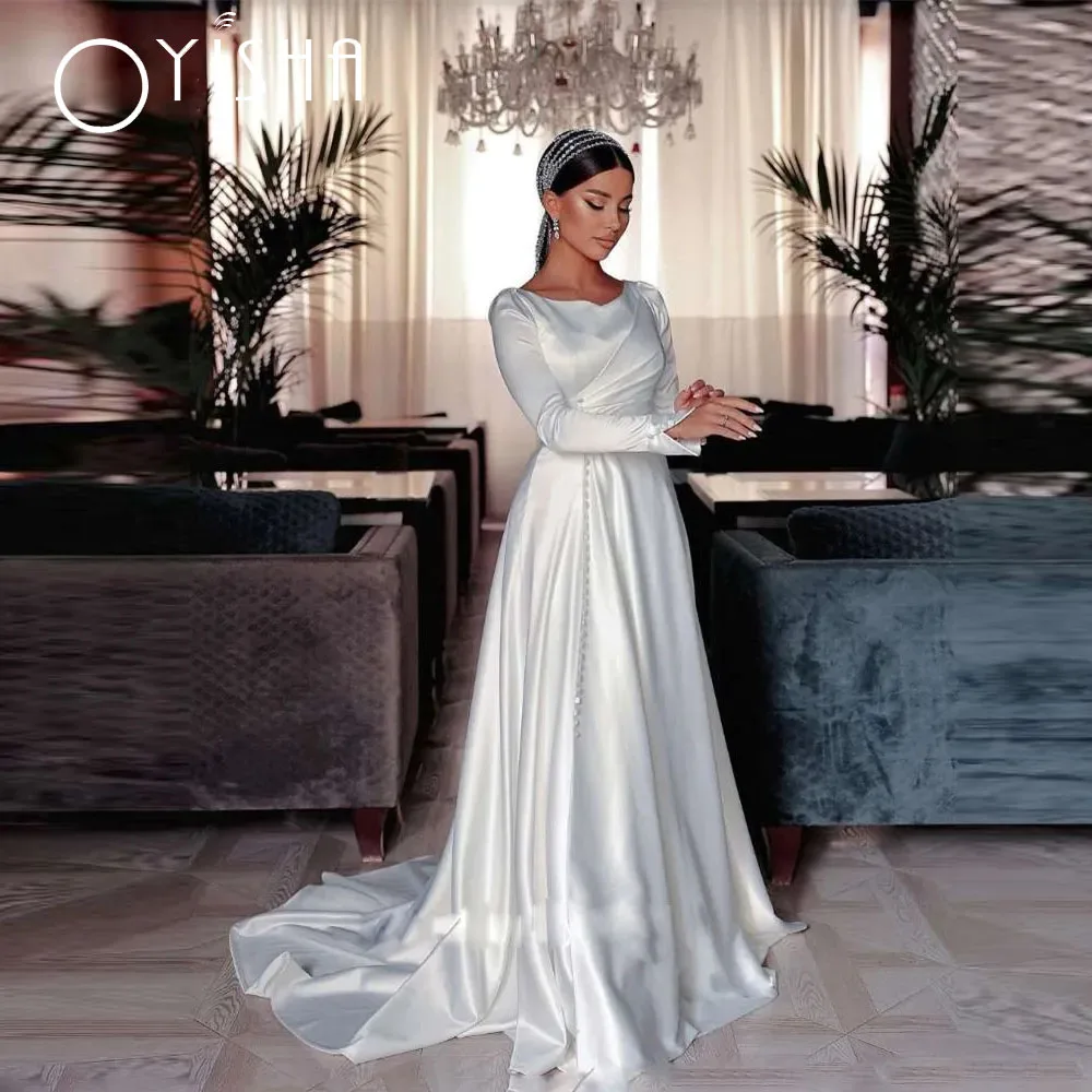 Oyisha elegante cetim jardim uma linha vestido de casamento para mulher 2023 botões frente vestidos de noiva manga longa simples vestido de mariages Elegante Cetim Jardim A Linha Vestido de Noiva Para As Mulheres 2023