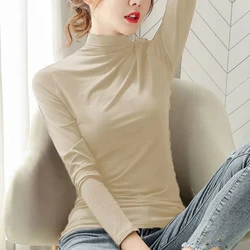 Odzież damska biurowa Wiosna Jesień Turtleneck Solid Color Pullover Long Sleeve Slim T-shirt Modne topy na wszystkie mecze