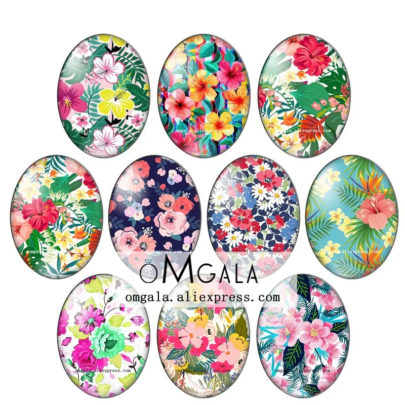 

New Tropical Plant Flower Leaves Patterns 13x18mm/18x25mm/30x40mm Oval photo glass cabochon flat back Making findings