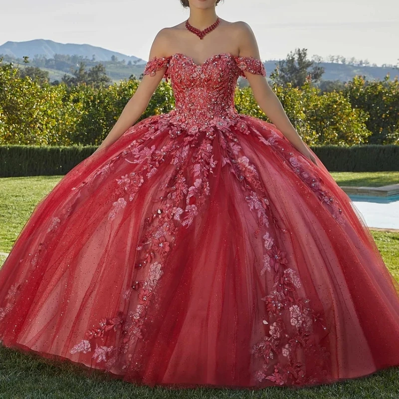 

Gorgeous Red Quinceanera Dresses for 15 Year Ball Gown Sexy Sweetheart Off the Shoulder Applique Lace Beads Long Party Dress for