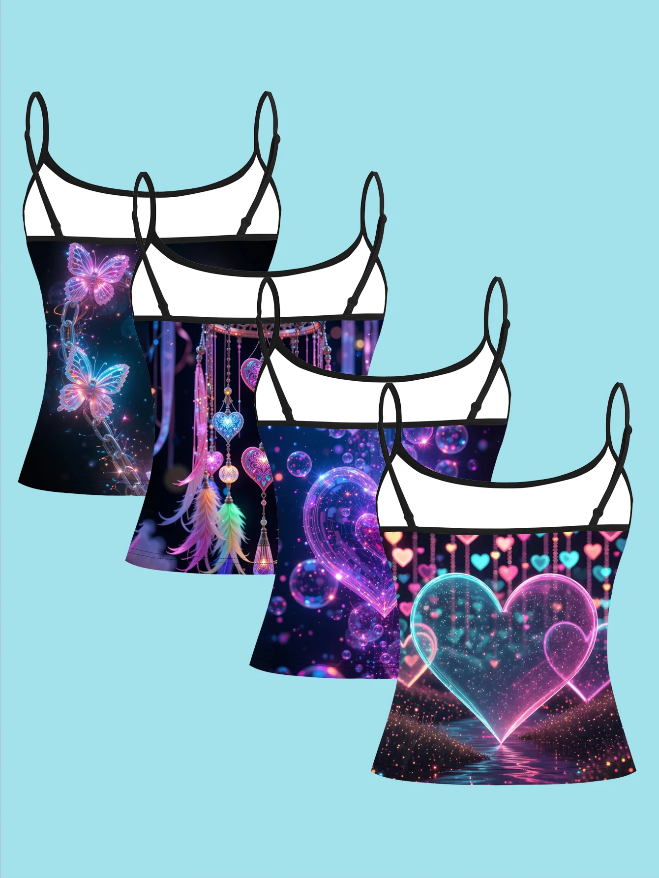 4-Piece Set of Iridescent Heart Dreamcatcher Camisole Set with Glitter Butterfly Fantasy Pattern Women's Slim-Fit Tank Top