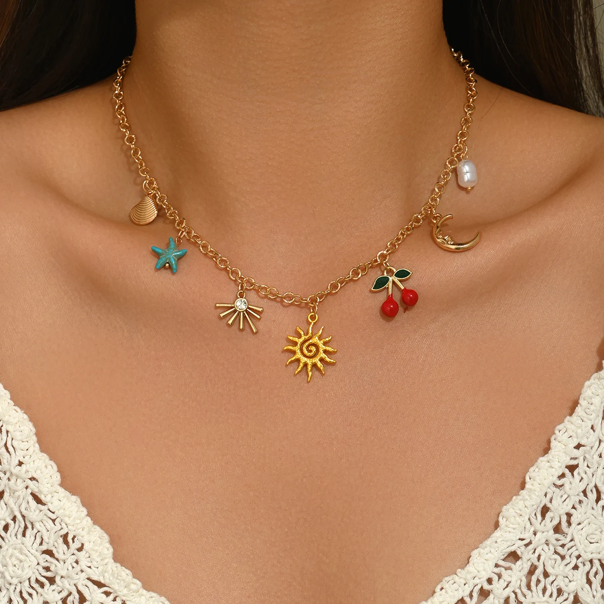 Women Summer Charm Necklace Shell Starfish Sun Cherry Faux Pearl Enamel Pendant Chain Beach Boho Y2K Fashion Jewelry Gift