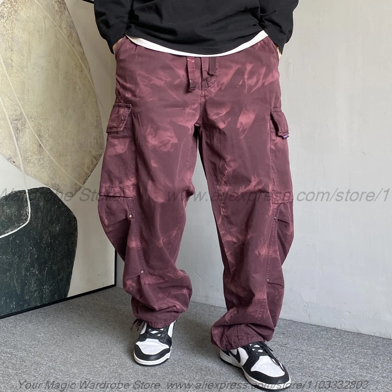 Retro Distressed Post-Apocalyptic WastelStyle Tie-Dye Large Pocket Overalls Male Straight Loose Drawstring Wide-Leg Pants