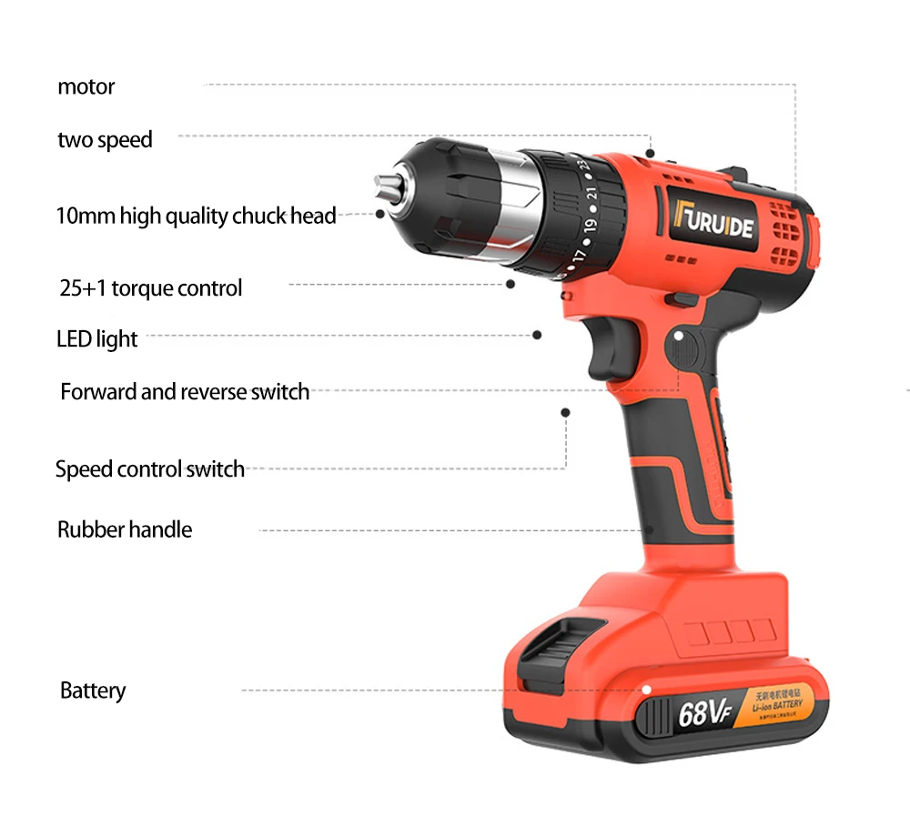 58VF/68VF Multi-function Electric Screwdriver Set of Electric Tools Household Lithium Battery Charging Drill