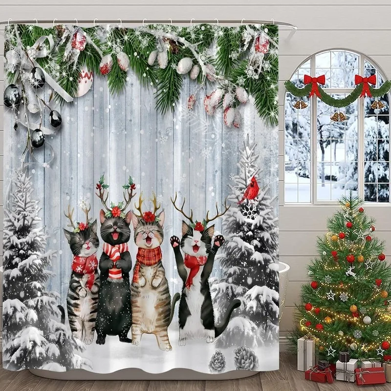 Wood Grain Deer Antler Scarf Cat Christmas Shower Curtain Bathroom Decor No Drilling 12 Hooks Cedar Print