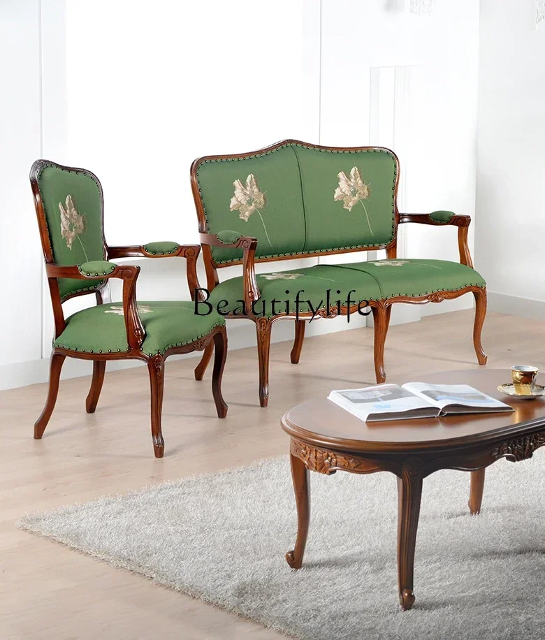 

S Solid Wood Chair French Double Sofa Chair Carved Leisure Chair
