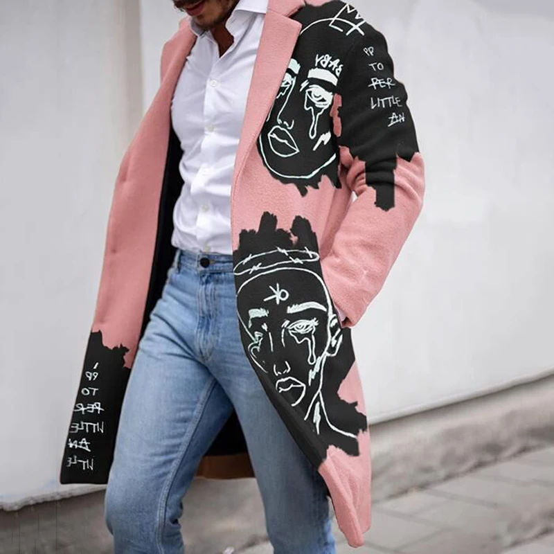 Man Single Breasted Jacket Letter Printing Button Long Slim Coat Long Sleeve Autumn Winter Warm Causal Harajuku Street Outwear