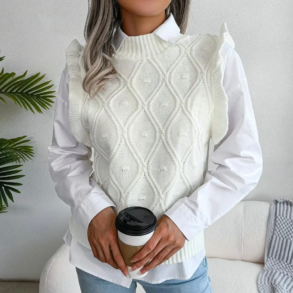 Women Autumn Winter Warm Sleeveless Knitted Sweaters O-Neck Solid Color Rhombus Pattern Ruffle Cuffs Sweater Vest Female Tops