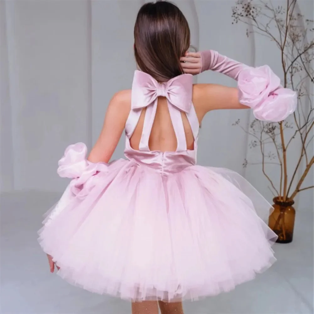 Sweet Velvet Custom Flower Girl Dress For Wedding Hanging Neck Backless with Bow Tulle Puffy Kids Birthday First Communion Gown