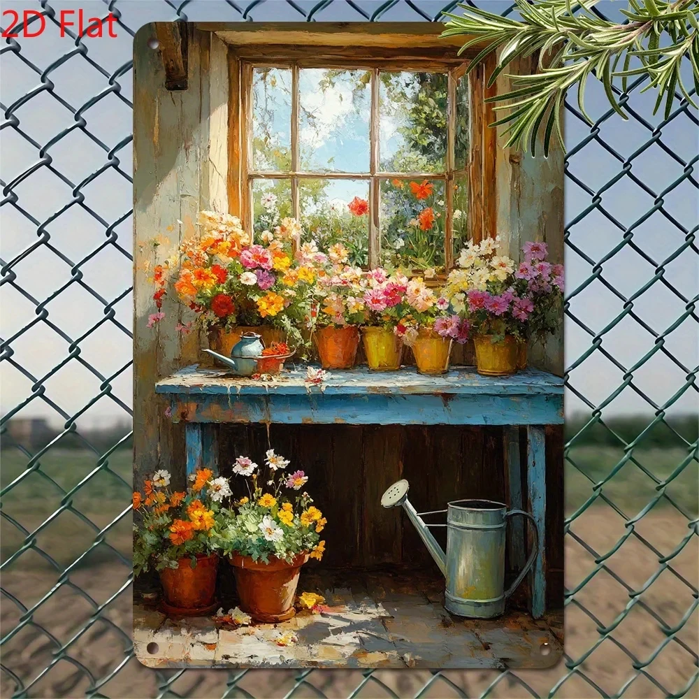 Vintage Floral Window Scene Decorative Iron Sign, Size 8X 12inch Inches, Perfect for Hanging on the Wall.