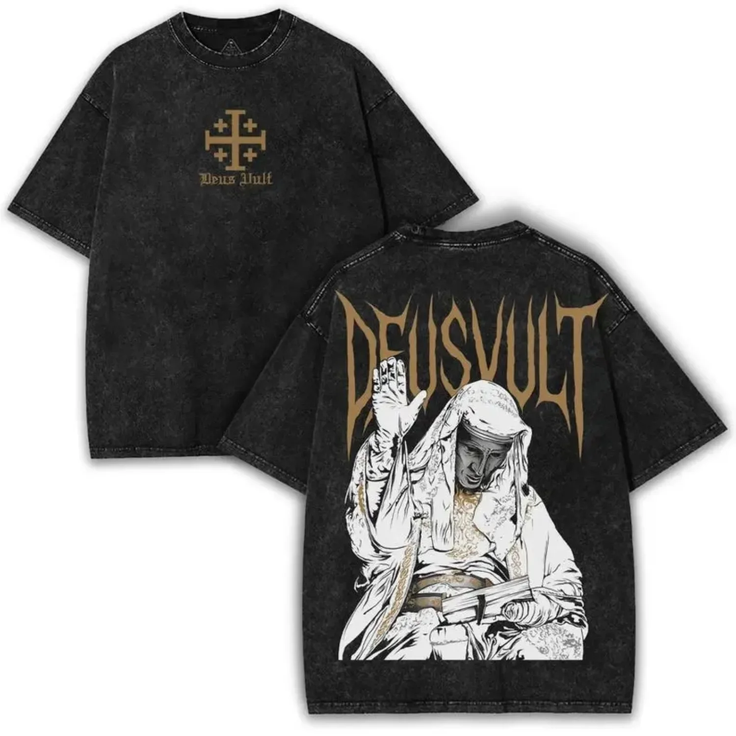 Valentine Shirts Deus Vult T-Shirt: Vintage Crusader Graphic Tee, Oversized Fit