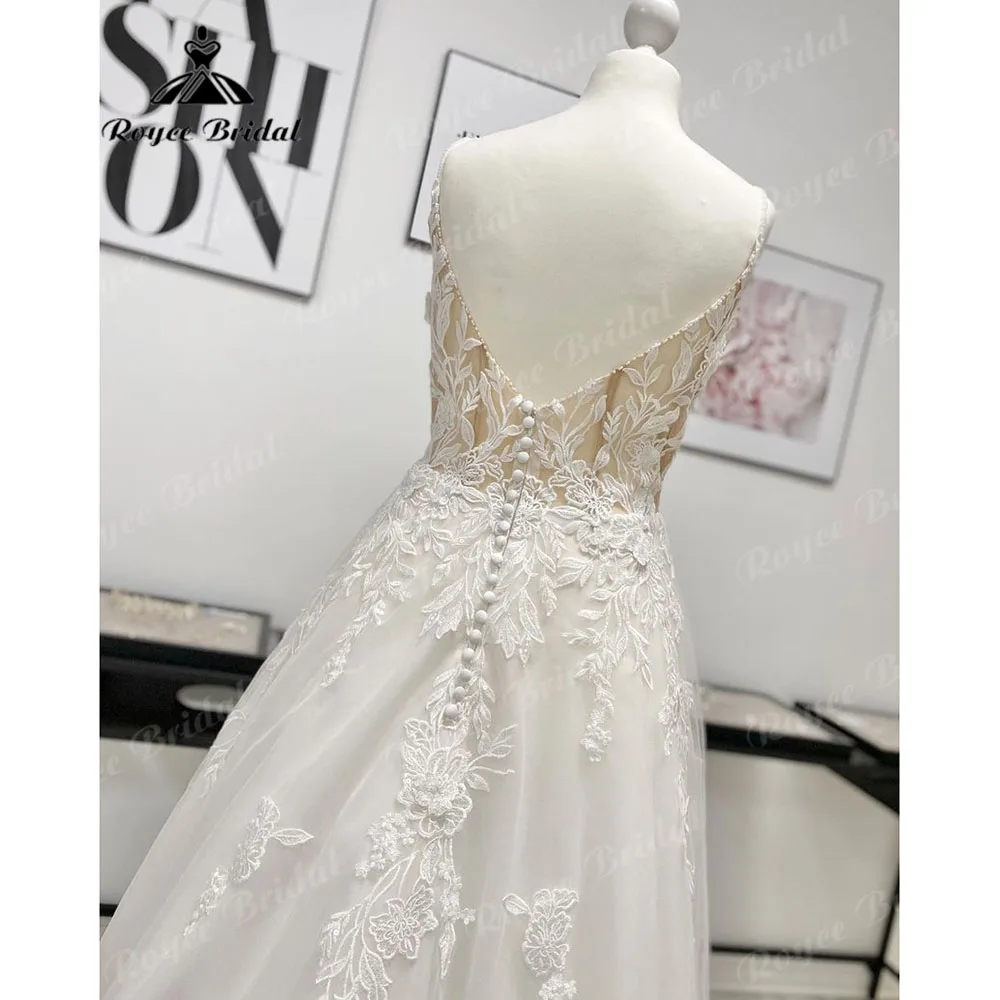 Vestidos Lace Appliques V Neck Backless Wedding Dress for Women 2024 Spaghetti Straps Bridal Gown abito da sposa Roycebridal