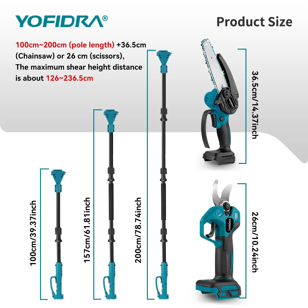 YOFIDRA Brushless Telescoping Pole Electric Chainsaw High Scalable 30MM Pruner Shear Scissors Tool For Makita 21V Battery Pin