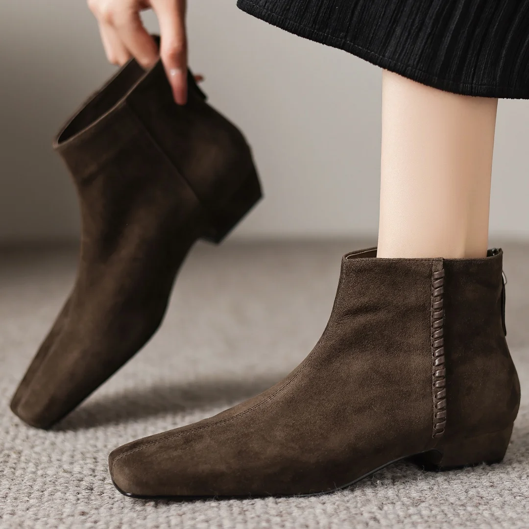 

danxuefei women's natural suede leather square toe back zip autumn ankle boots 2.5cm kitten heel casual female short booties hot