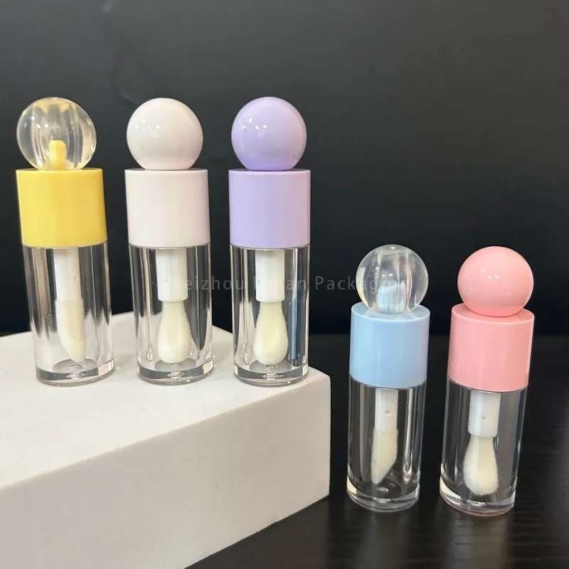 

50Pcs Short Pink Ball Top Big Brush Wand Transparent Lipgloss Tube Plastic Empty Unique Clear Lip Gloss Container Tubes 4ml