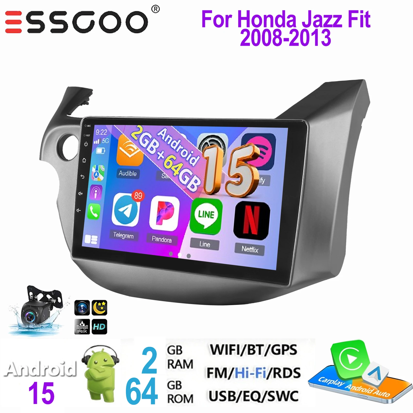 ESSGOO 2 DIN autoradio voor Honda Jazz Fit 2008-2013 Android 15 met draadloze Carplay, Android Auto, GPS, NAVI, WIFI, SWC, RDS, FM, ASP