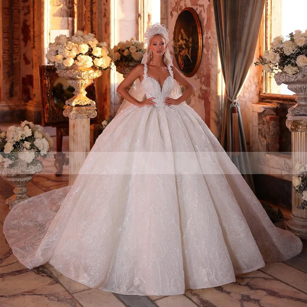 

Customized Luxury Sparkling Bridal Ball Dress Sweetheart Lace Beads Pearl Princess Wedding Dress Spaghetti Strap Fluffy Bridal D