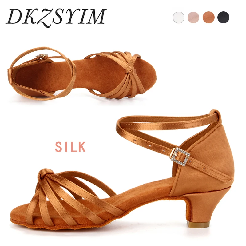 DKZSYIM Women Latin Dance Shoes SILK Stable Heel Dancing Shoes Tango Soft Bottom Dance Shoes 4cm Ballroom Girls Salsa Shoes