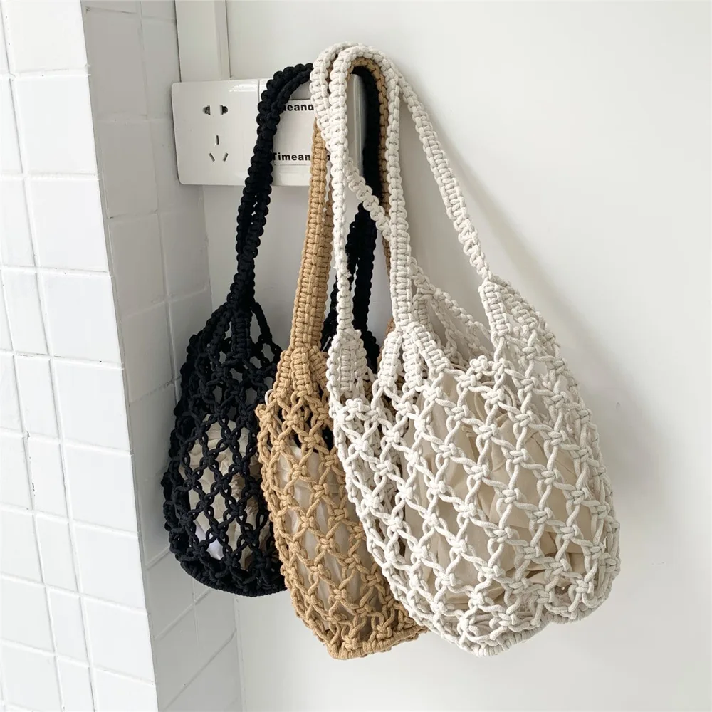 New Summer Seaside Beach Handbag Hollowed Out Mesh Single Shoulder Bag with Inner Pocket Cotton Crochet Fishing Net Bag