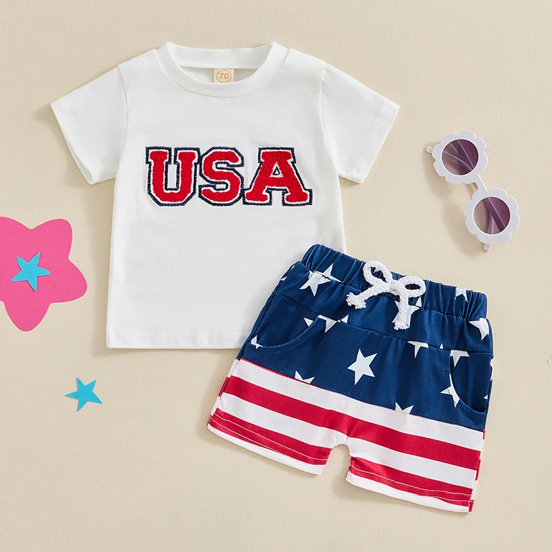 Toddler Boys 4th of July Shorts Sets Short Sleeve Letter Embroidery Tops Star Stripe Print Shorts Sets