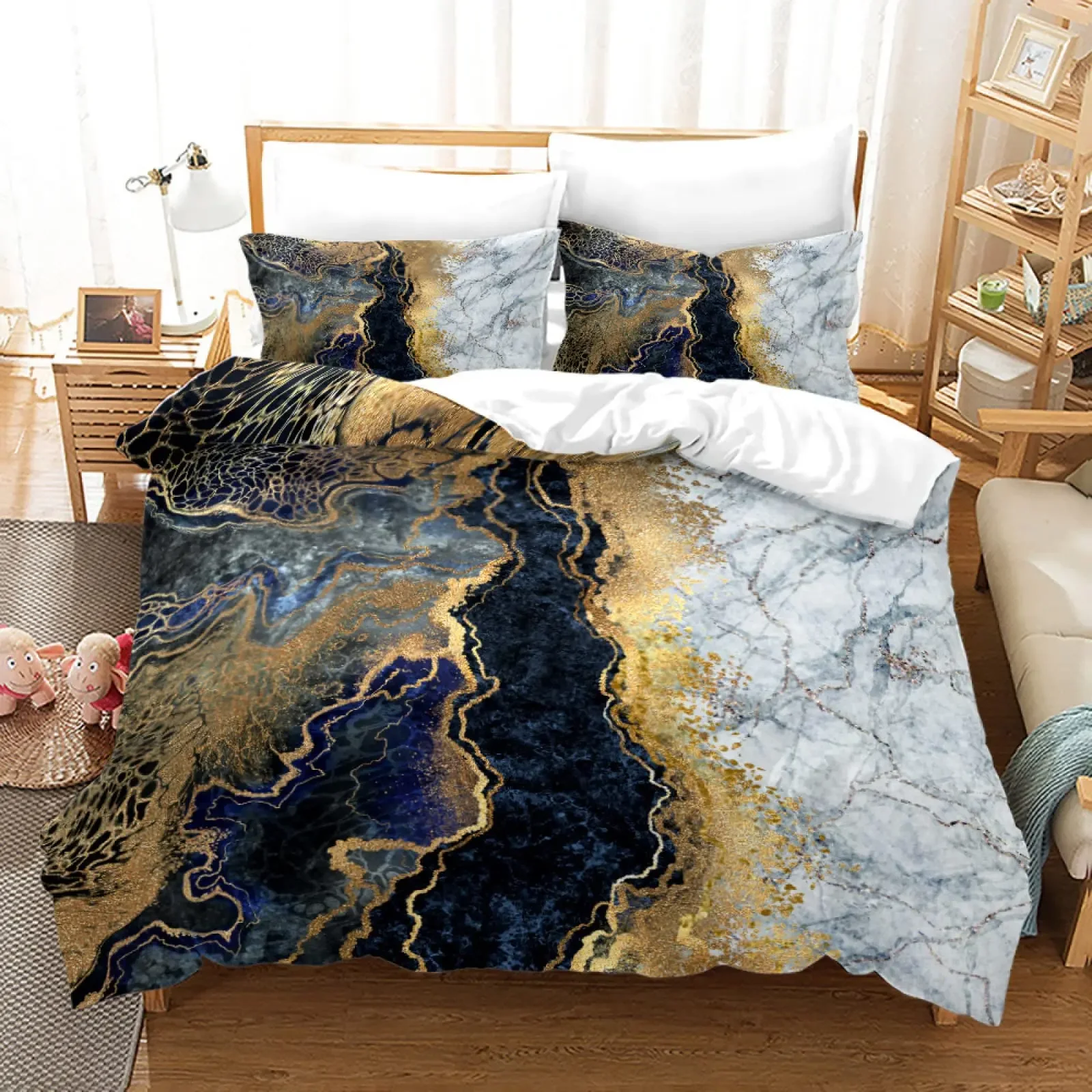 Marble Duvet Cover Gold Giltter Bedding Set Stone Marble Comforter Cover Tie Dye Fluid Magma Abstract Art Quilt Cover King Size