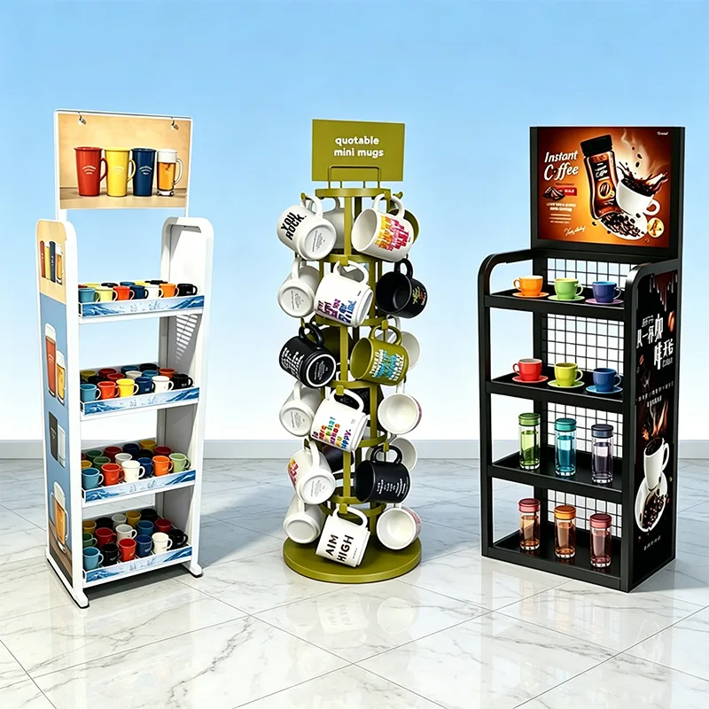 Customized supermarket shopping mall tableware ornament, coffee ceramic glass cup display stand