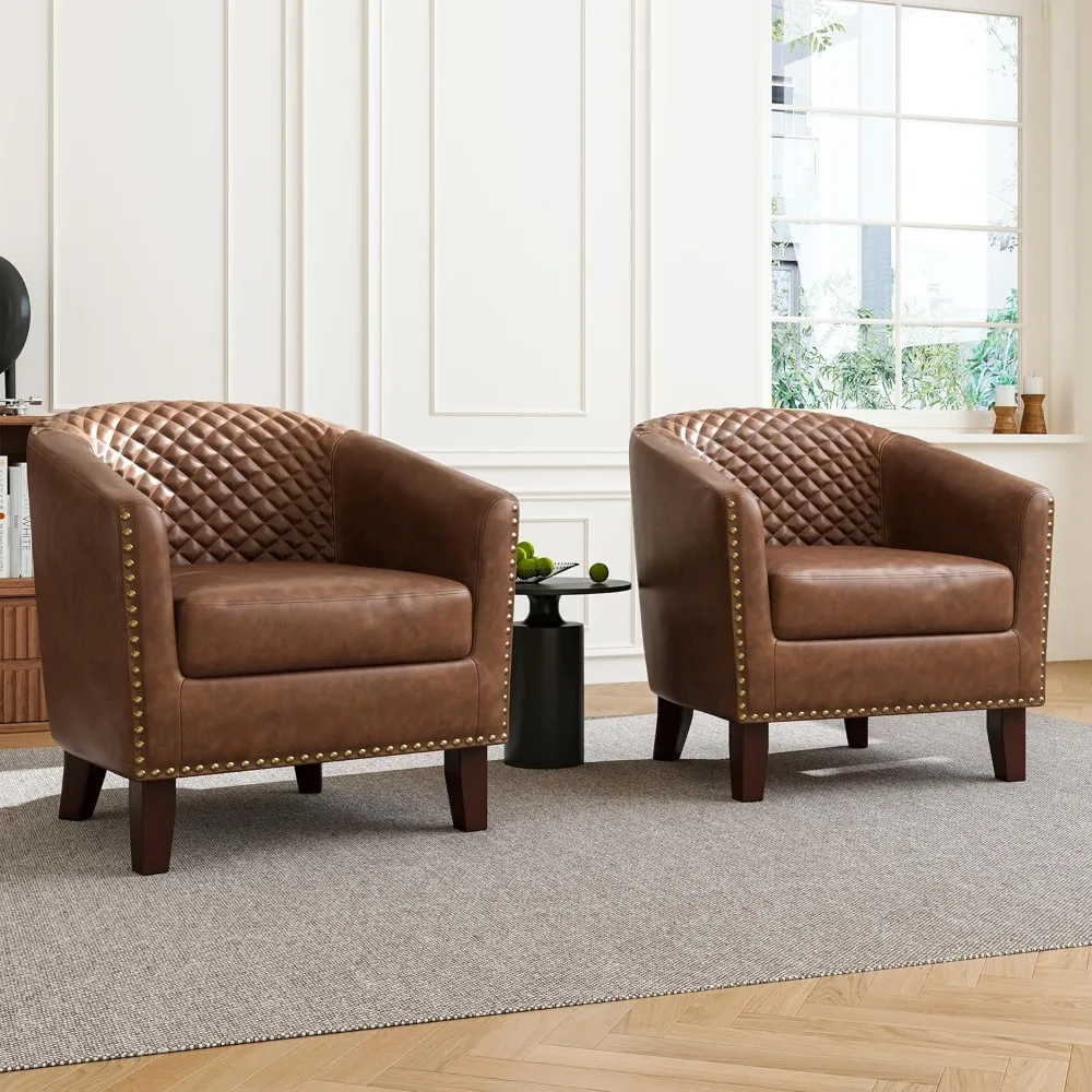 

Accent Barrel Chair, Upholstered Faux Leather Club Chair with Nailed Trim, Comfy Reading Armchair for Living Room Bedroom Recept