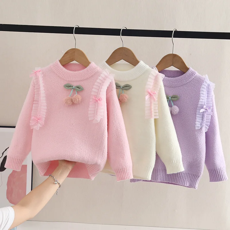 

Hairball Girls' Sweater 2024 New Girl Pullover Ruffles Kids Baby Spring Autumn Jackets Round Neck Children's Knitted Top HY07271