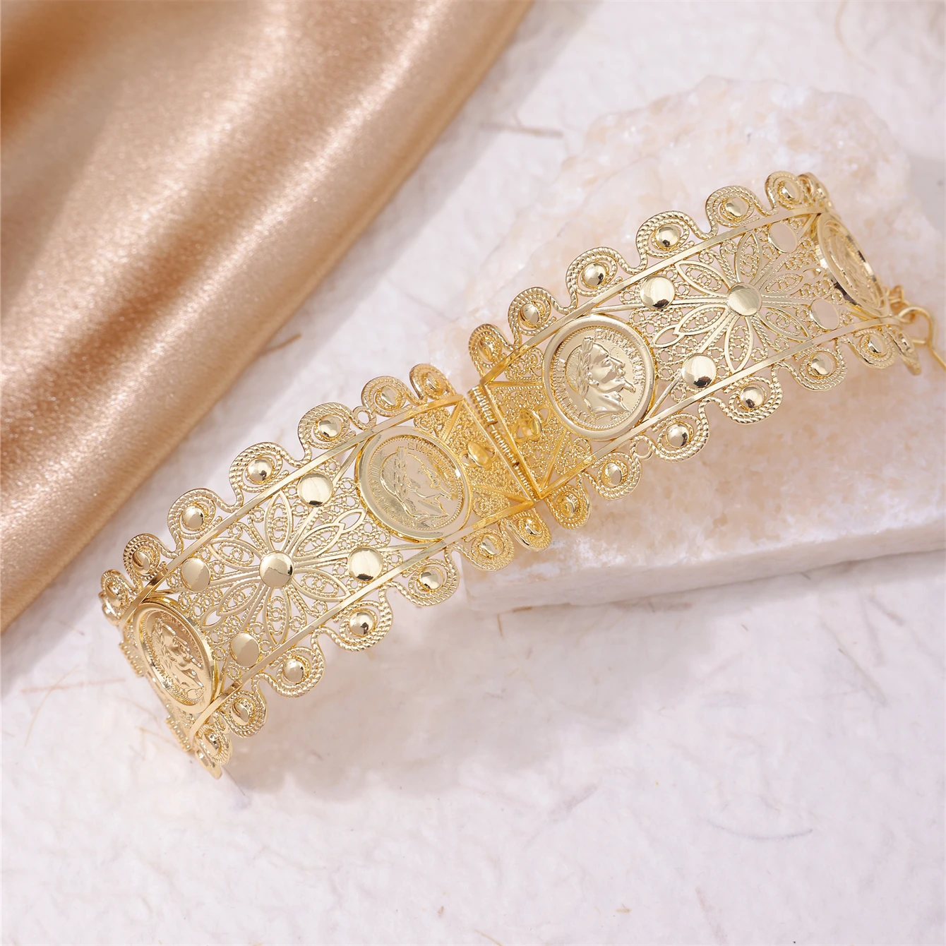 A Delicate Lace Alloy Bracelet With Openings A French Napoléon Bracelet With Coin Design An Arab Bide Wearing Arm--shaped
