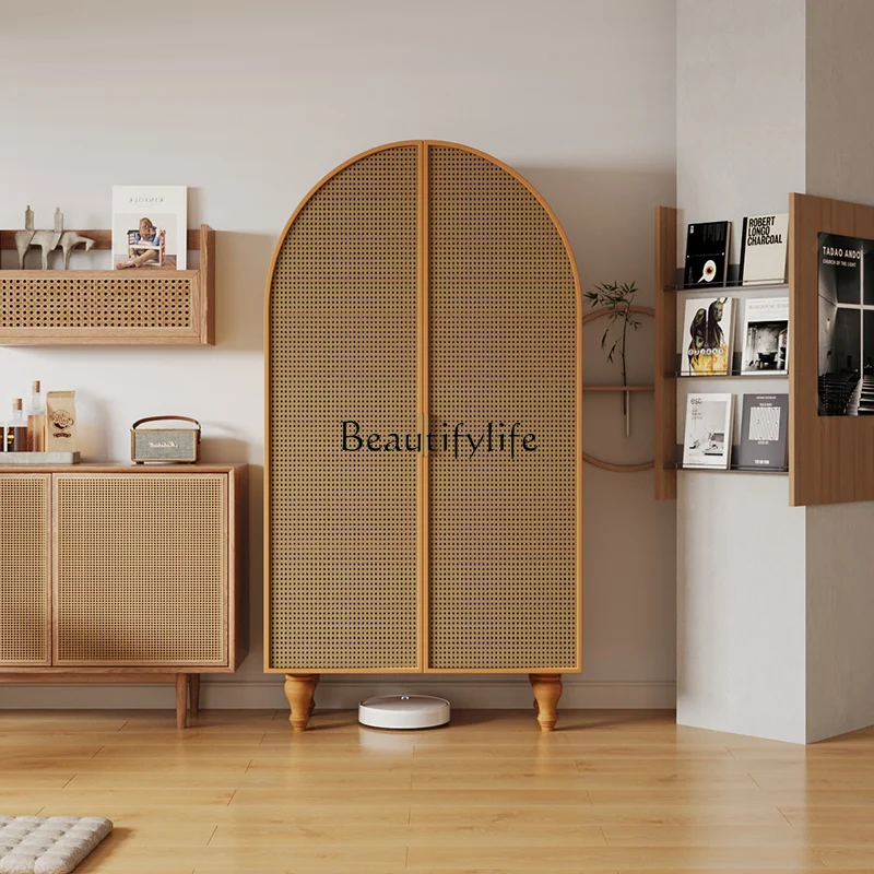 

Nordic solid wood living room storage against the wall bedroom simple Japanese log rattan cabinet