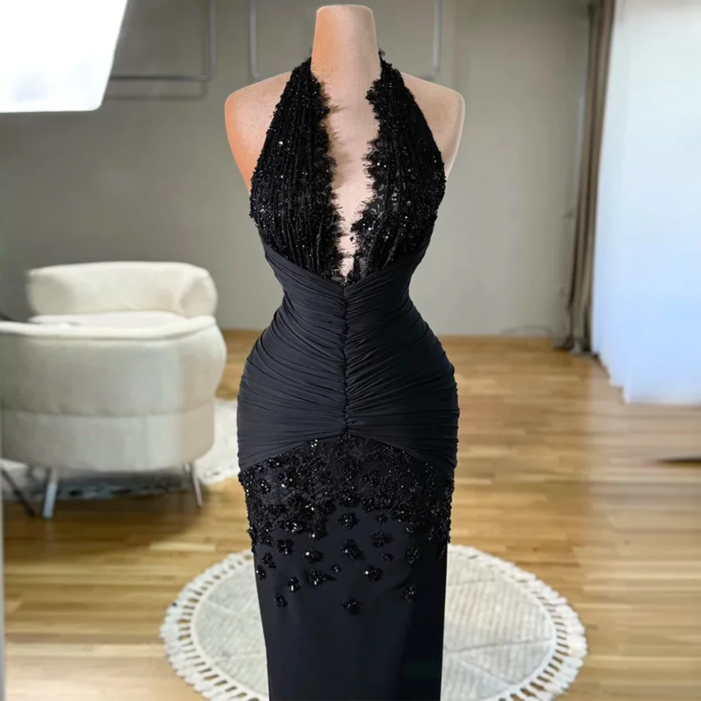 Sexy Black Jersey Evening Dress Customized Charming Halter Sleeveless Homecoming Dresses Luxury Beading Special Occasion Gowns image 2