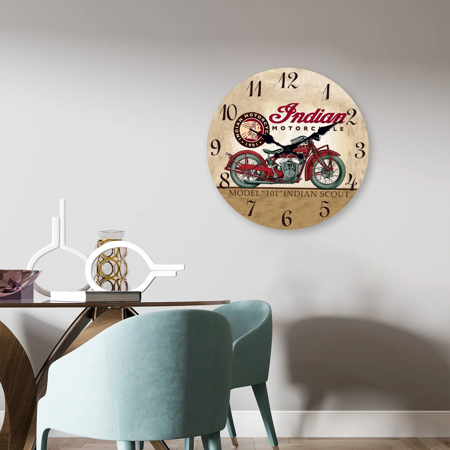 Personalized Judian Indian Motorcycle Wooden Wall Clock Living Room Bedroom Kitchen Home Decoration Wall Clock Silent Quartz Clock Holiday Gift