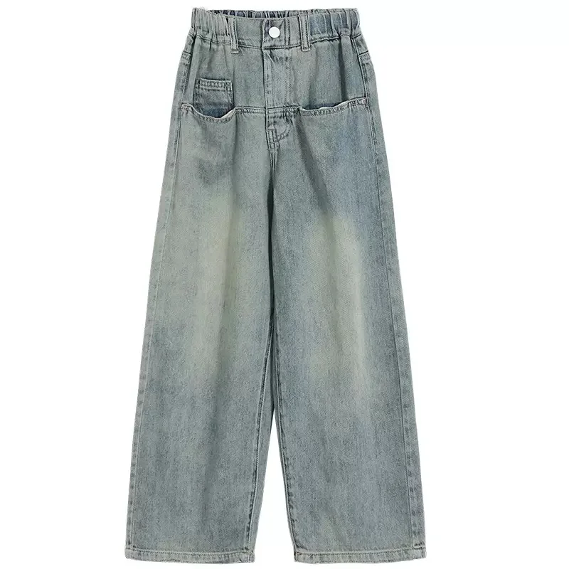 Jeans azul casual para meninas, calças largas e retas largas para crianças, calças infantis com tudo o que combina na moda, 12 anos, 13 anos, 14 anos, primavera de 2023