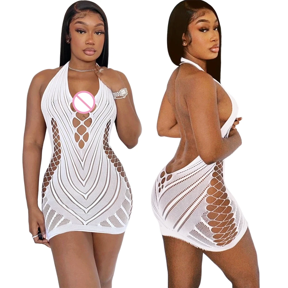 White Mini Dress for Party Clubwear Perspective Hollow Tight Short Dresses Women Clothing Dress Summer Breathable Camisole Skirt