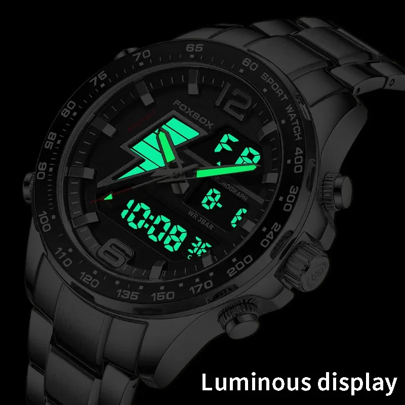 LIGE FOXBOX Luxury Dual Digital Display Watch All Steel Strap Fashion Quartz Man Watches Waterproof Alarm Clock Men Reloj Hombre