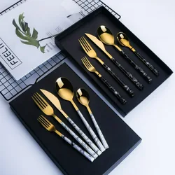 Kitchen Supplie Stainless Steel Marbled Wood Handle Knife, Fork and Spoon 5 Piece Deluxe Premium Steak and Dessert Cutlery Set