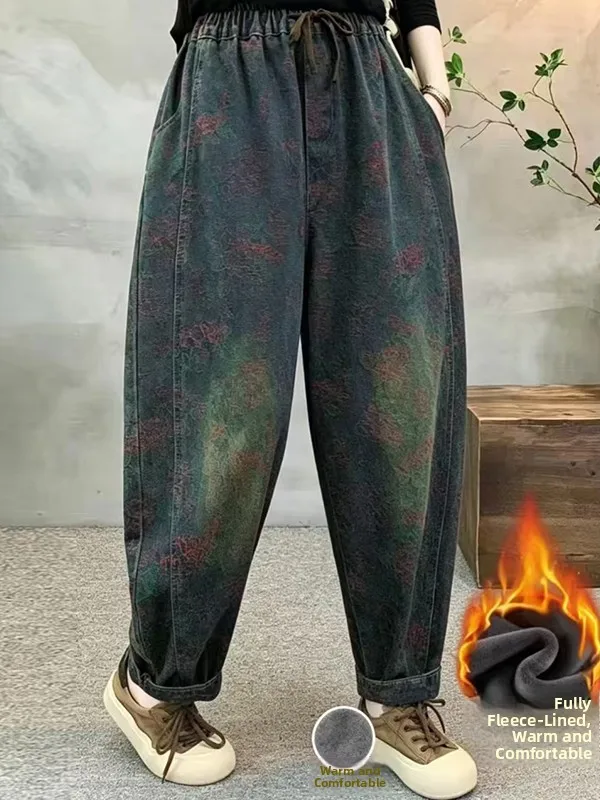Thickened Fleece Lined Retro Denim Jeans Women's Winter New Style Cotton Polyester Blend Elastic Waist Casual Print Pattern