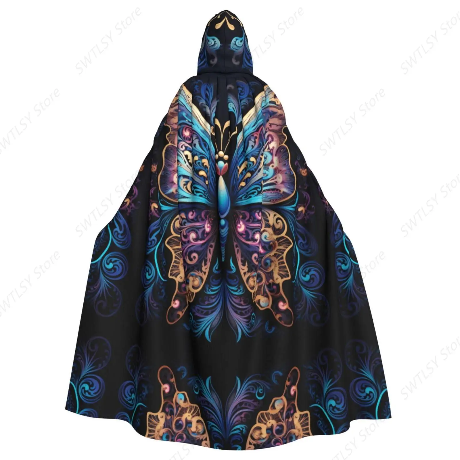 Universal Gorgeous Black Butterfly printed adult hooded cape for Halloween, role-playing, wizard, witch, magician costume