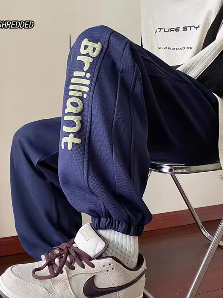 

American Retro School orm Pants Youth Sports Knitted Sweatpants Spring Autumn Men's Loose Fit Low Waist Long Casual Trousers