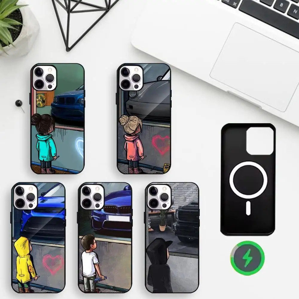 

Girl Boy dream car Phone Case For iPhone17,16,15,14,13,12,11 Max Black Wireless Charging Protecitve Cover