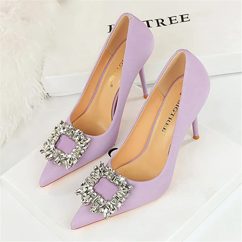 Women 10cm High Heels Satin Silk Dress Bling Crystal Rhinestone Buckle Pumps Lady Wedding Bridal Scarpin Purple Peach Blue Shoes