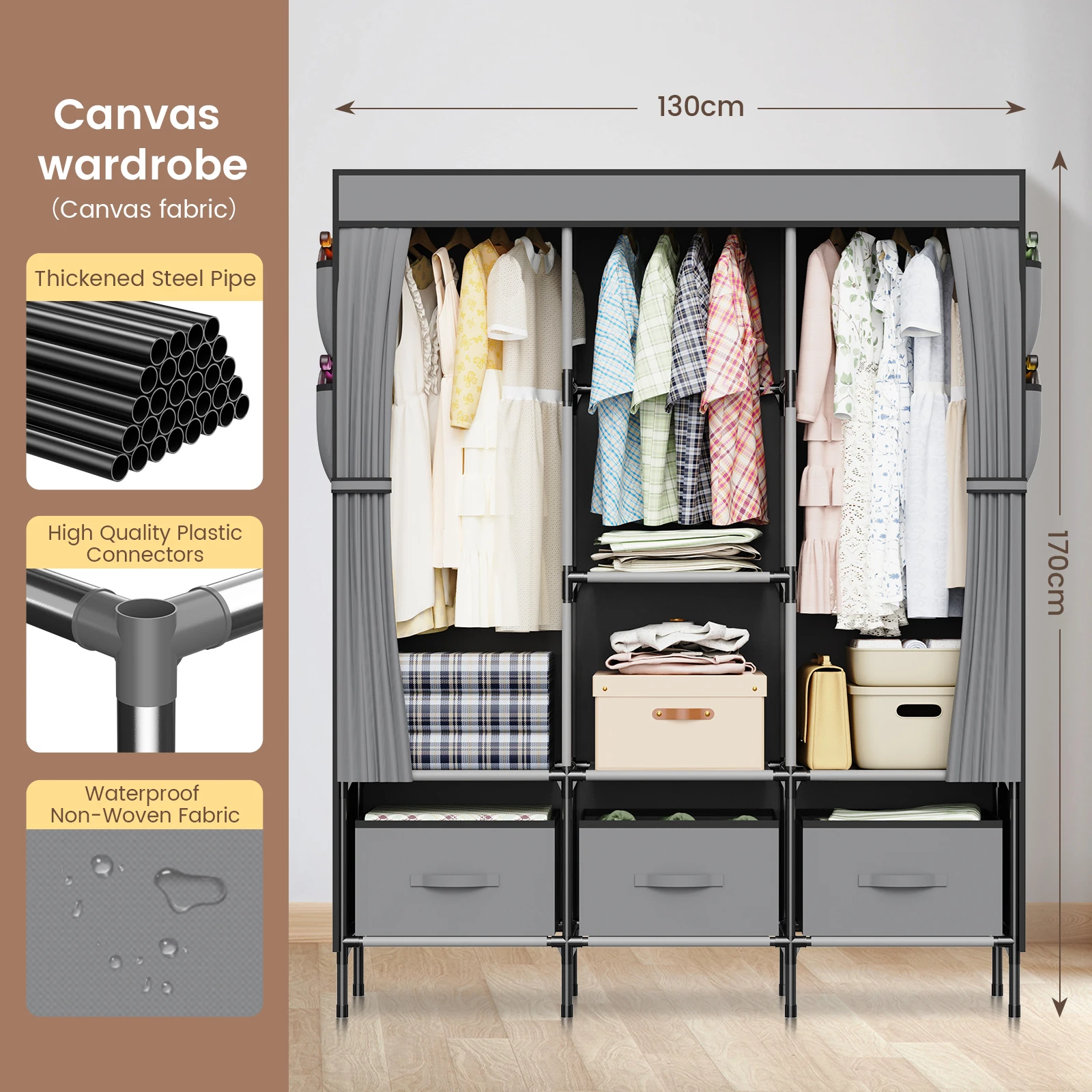 LOEFME Canvas Wardrobe, Fabric Wardrobes for Bedroom with 3 Storage Boxes and Hanging Rail,Great Foldable wardrobes for Bedroom